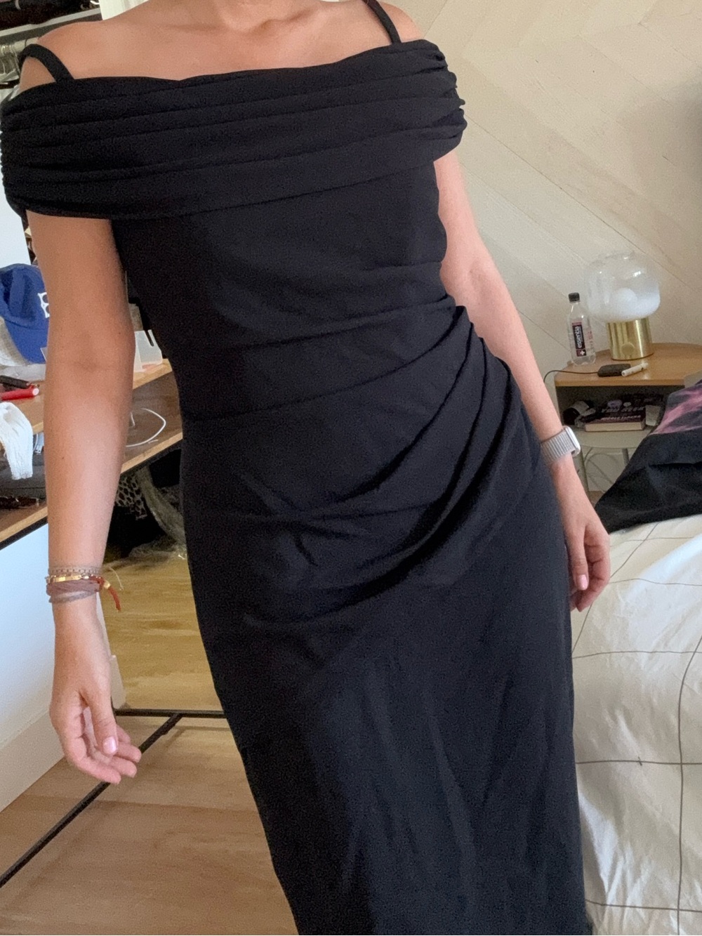 One-Shoulder Black Midi Dress with Draped Bodice